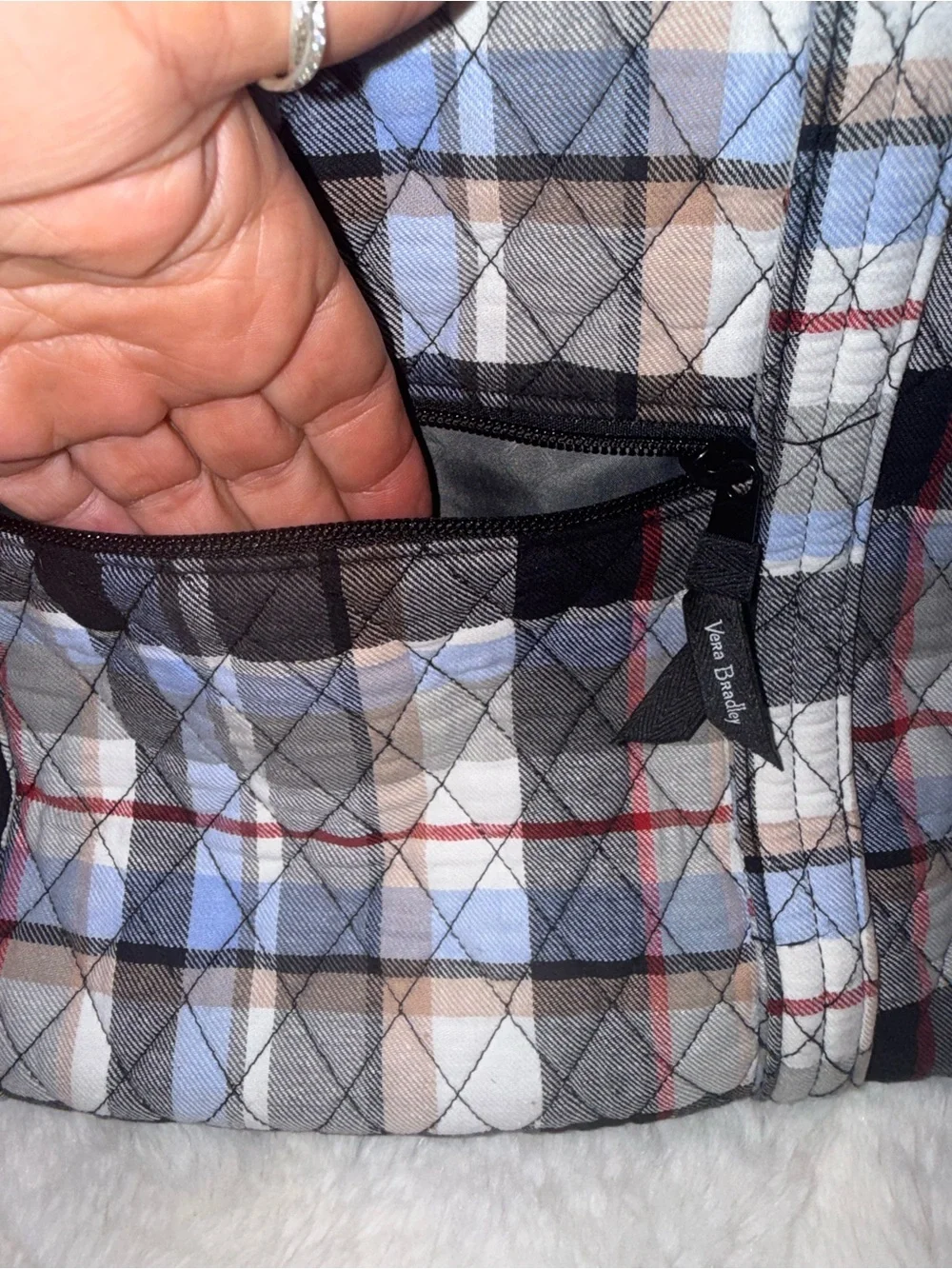 Vera Bradley Quilted Plaid Tote in Black, Gray & Light Blue with Red Accents